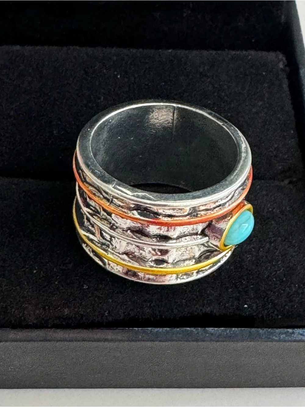 Turquoise Accent Wide Silver Band Ring with Colorful Wire Detailing